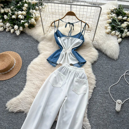 Denim Two Piece Sets Women Jeans Suit Lace Y2k Top Wide Leg Pants Zipper Lace Up Patchwork Trousers Outfits Ensemble Summer 2025.