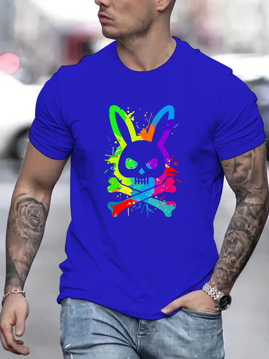 Men's summer 100% pure cotton fashionable casual loose color skull and rabbit print sports round neck short sleeved T-shirt top.