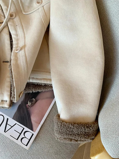 Wildleder Samt Lamm Jacke Frauen Herbst Winter Dicke Warme Turndown Kragen Mantel Y2K Lose Streetwear Alle Spiel Langarm Outwear