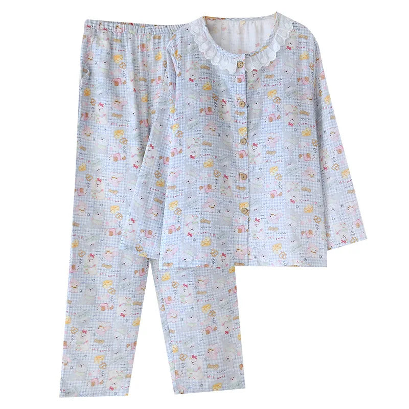 Spitzen-Design, Rundhals-Pyjama-Set aus Baumwolle, doppellagig, Gaze, für Damen, vier Jahreszeiten, dünne, langärmelige Hosen, Strickjacken, Kleidung.
