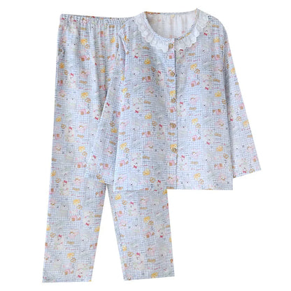 Spitzen-Design, Rundhals-Pyjama-Set aus Baumwolle, doppellagig, Gaze, für Damen, vier Jahreszeiten, dünne, langärmelige Hosen, Strickjacken, Kleidung.