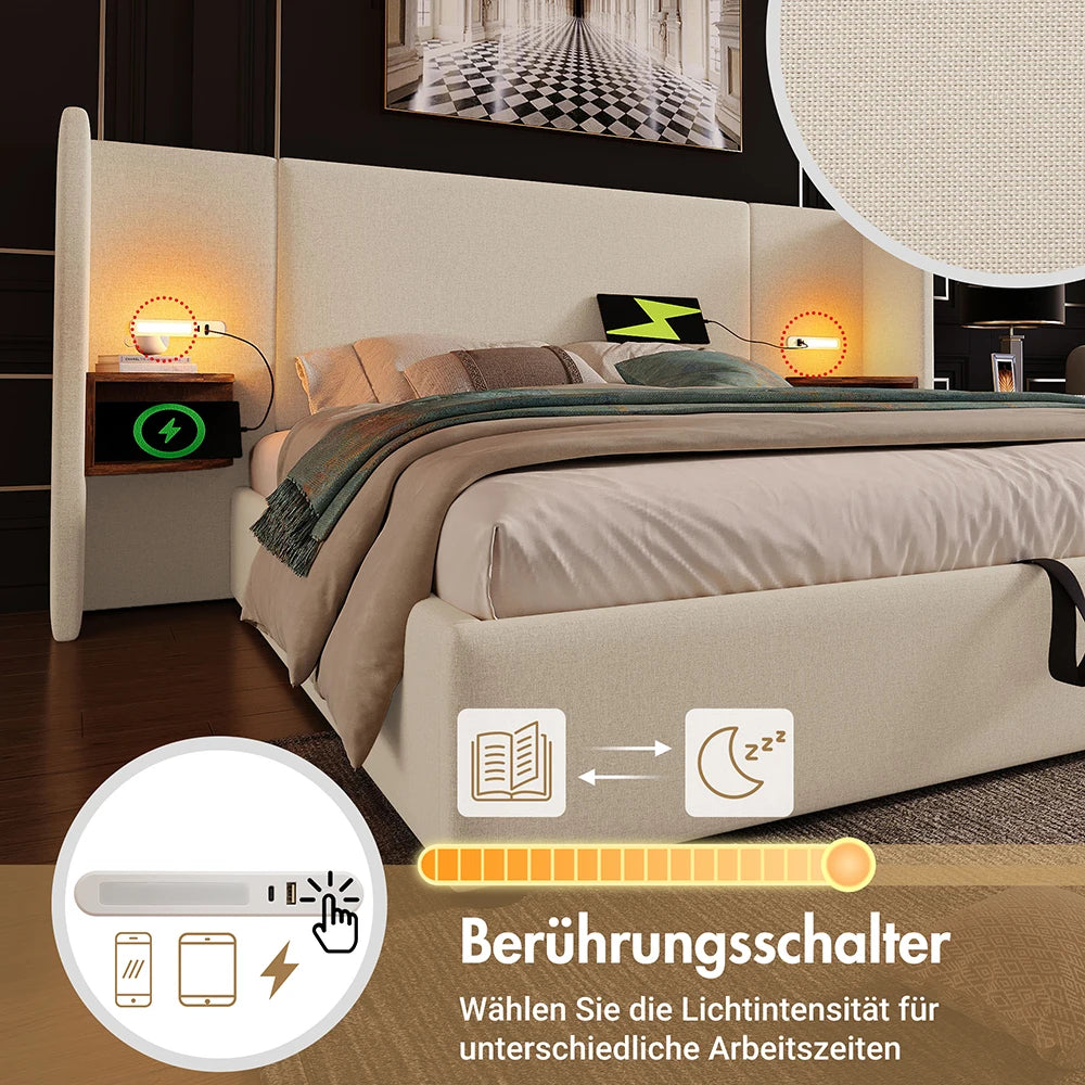 KOMHTOM Polsterbett mit Nachttisch, Leselampe und USB Type-C Ladefunktion, Leinen (Ohne Matratze)