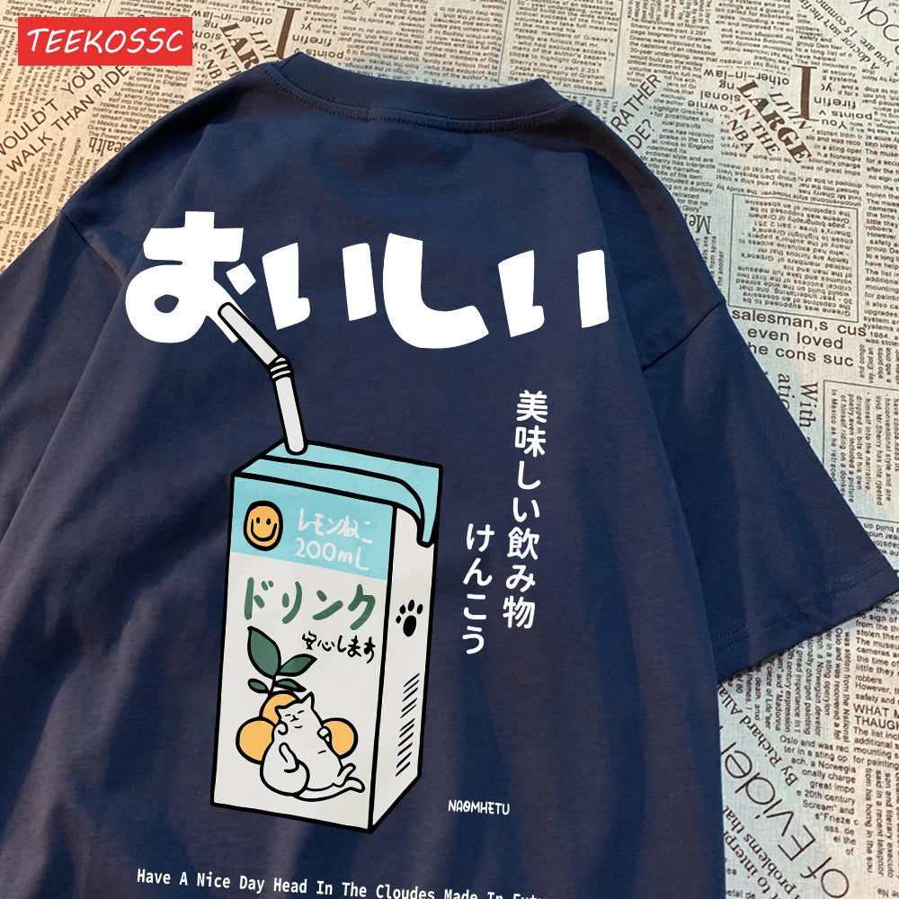 Cute Japanese Cat Print Oversized T-shirt Women Men Short Sleeve Loose Casual Tee Shirt Streetwear Tops Cotton Harajuku Clothing