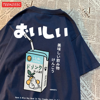 Cute Japanese Cat Print Oversized T-shirt Women Men Short Sleeve Loose Casual Tee Shirt Streetwear Tops Cotton Harajuku Clothing