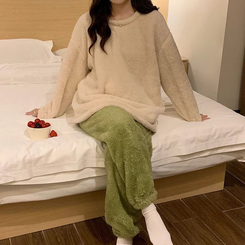 Winter Fleece Women Pajamas Set  Sleepwear Solid Velvet 2 Piece Pant Home Suit Fluffy Casual Warm Flannel Night Wear