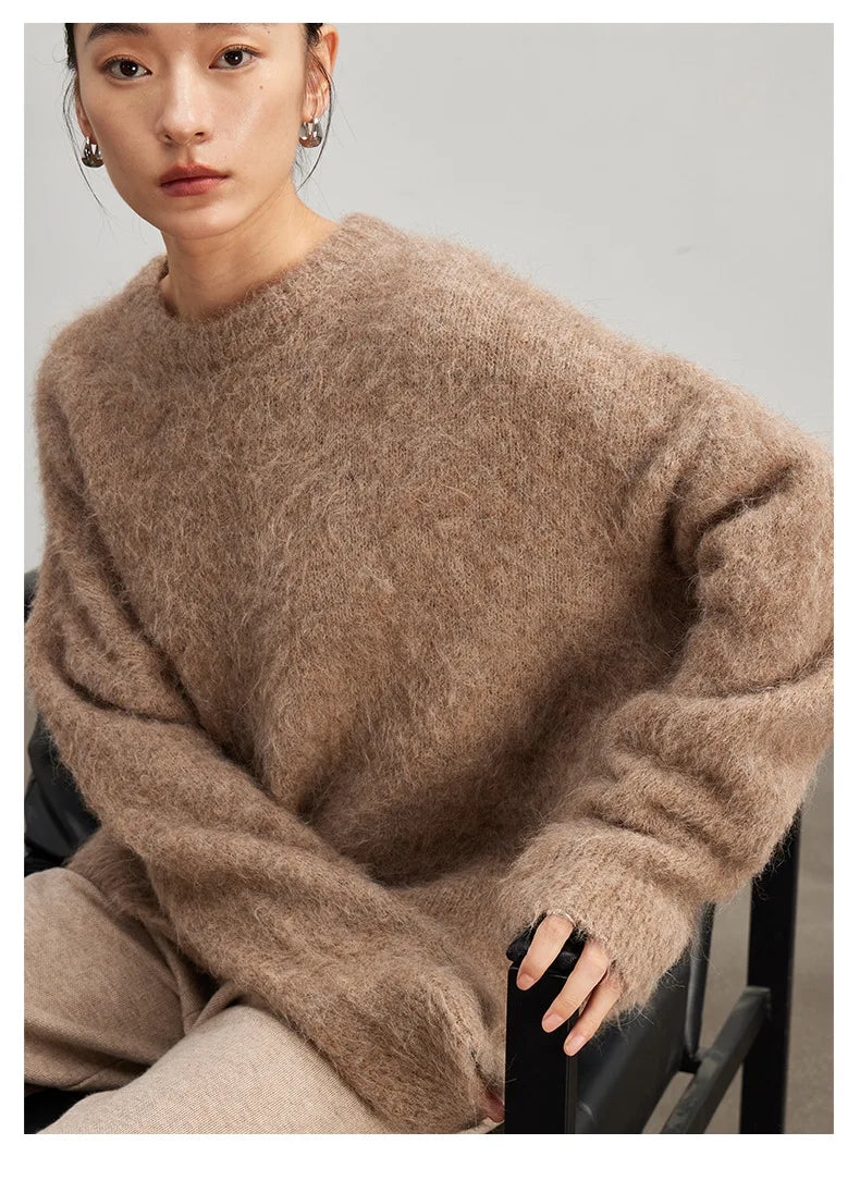 SuyaDream Warm Alpaca Pullovers for Woman, Dropped Sleeved Loose Sweaters, 2025 Fall Winter Top, Camel, Beige.