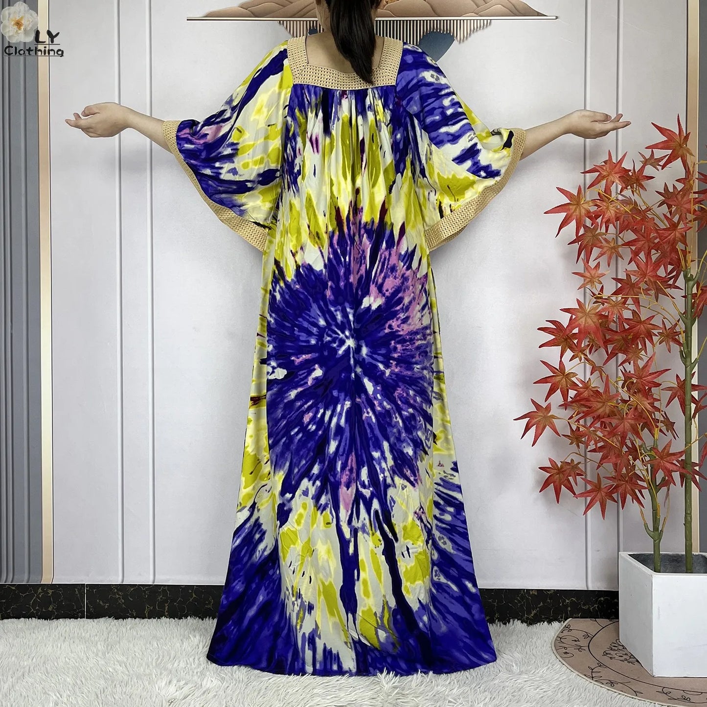 New Muslim Dress Woman Short Sleeve Dashiki African Abaya Tie-dyed Printing Cotton Loose Femme Robe Islamic Dresses With Scarf