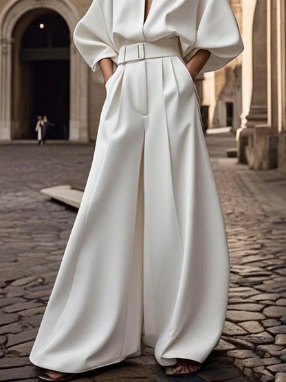 Yeezzi Women's White Wide Leg Jumpsuit With Belt 2025 New Half Sleeves Loose Deep V-Neck Elastic High Waist Elegant Jumpsuits.
