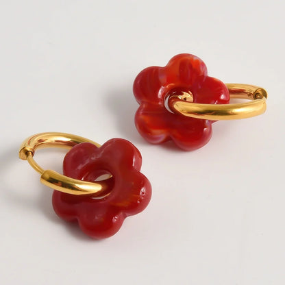 Colorful Flower Glass Drop Charms Earring Gold Color Circle Ear Buckle Hoops Stainless Steel Earrings Fashion Jewelry for Women