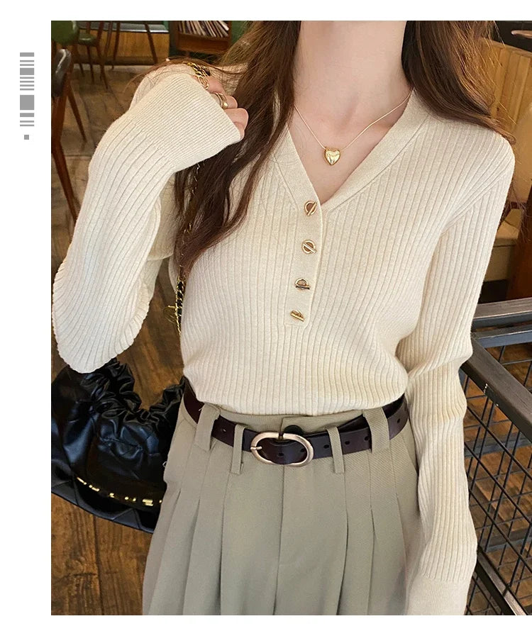 2025 Autumn Winter Women Sweaters Casual Slim Button Knitted Pullover Sweater Femme Basic Solid Jersey Tops Fashion Clothes.