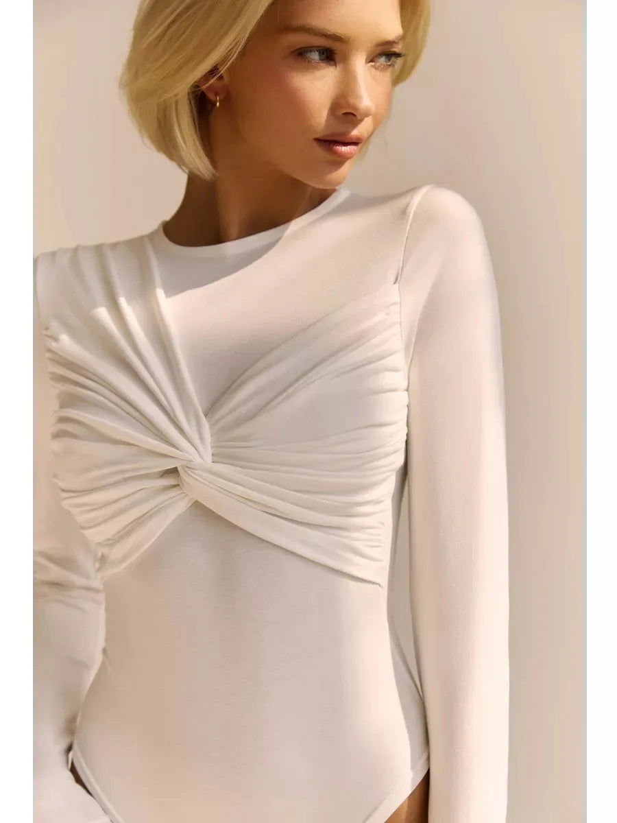 Autumn Long Sleeves Pleated Cross Over The Chest Slim Bodysuits Solid Fashion Sexy High Street Nightclub Party Outfits Jumpsuits.