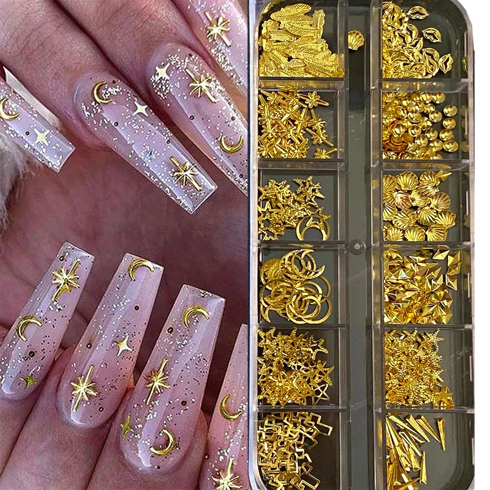 12Grids Moon Star Nails Gold Metallic Nail Sequins Charms 3D Nail Art Tips Decoration  3D Metal Moon Star Sun Bead Rivet Nail Je.