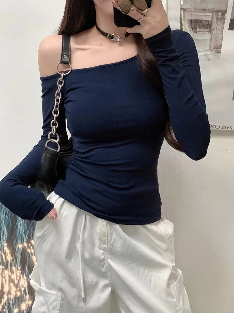 Vintage Solid Off Shoulder T Shirt Women Autumn Sexy Slash Neck tshirts Cotton Long Sleeve Chic Irregula Streetwear Slim Top Y2k.