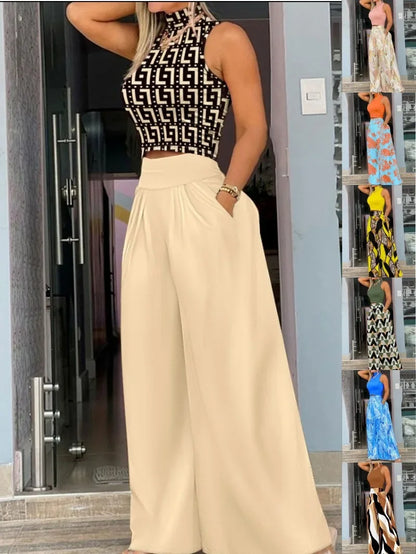 Women Two Piece Pant Sets Sleeveless Turtleneck Tops Pockets Wide Leg Pants High Waist Trousers Suit Elegant Office Ladies.