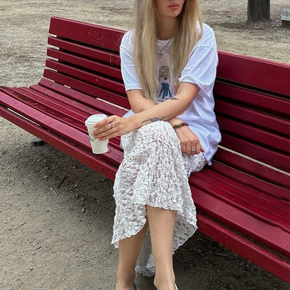 Maemukilabe Vintage Lace Midi Skirt Floral Sheer See-Through Irregular Hem A-line Skirt Fairy Streetwear Chic Women Long Skirt.