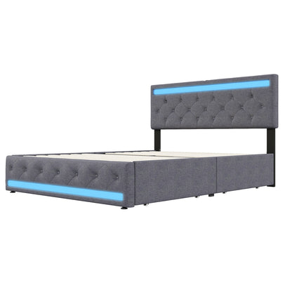 Rosahqnda Polsterbett 140 x 200 cm, mit USB-Anschluss und LED-Beleuchtung, 4 Schubladen, Doppelbett mit Stauraum, Leinen, Dunkelgrau
