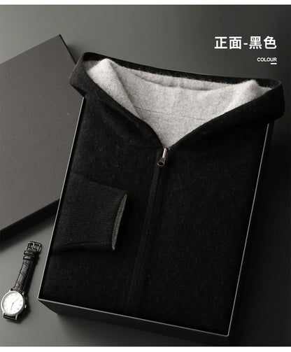 Autumn Winter Pure Cashmere Sweater Double-sided Cardigan Men's Casual Zipper Thickened Cashmere Knitted Hooded Sweater Coat