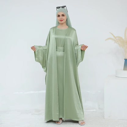 Two Piece Arabic Outfit Set for Muslim Women Elegant Modest Abaya Dress with Inner Ramadan Islamic Coat New Turkish Kaftan Robe