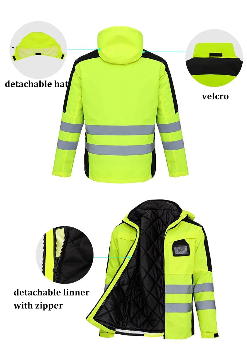 High Visibility Workwear Winter Clothes Hi Vis Suit Reflective Jacket Waterproof Winter and Pockets Reflective Work Pants Set.
