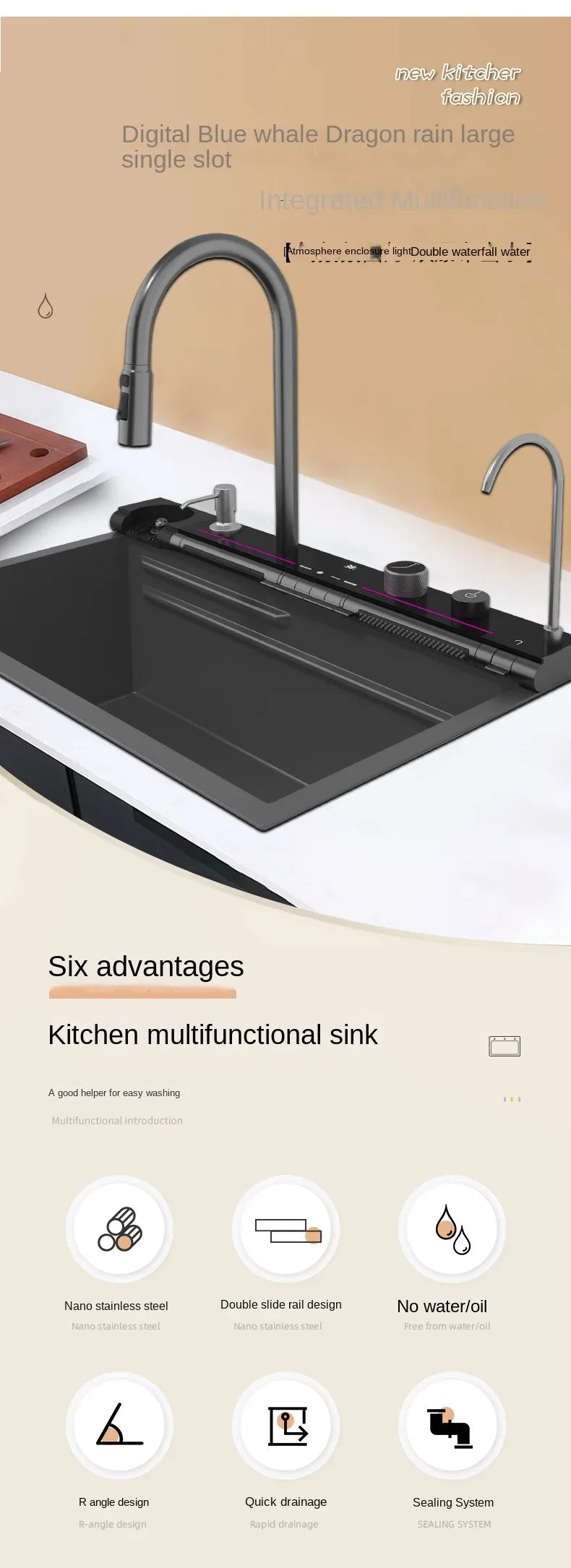 304 Edelstahl Wasserfall Küchen spüle große Einzels chlitz integrierte Digital anzeige Wasserhahn Set Seifensp ender Tasse Waschmaschine