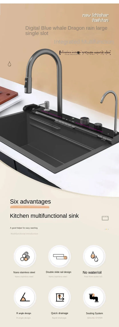 304 Edelstahl Wasserfall Küchen spüle große Einzels chlitz integrierte Digital anzeige Wasserhahn Set Seifensp ender Tasse Waschmaschine