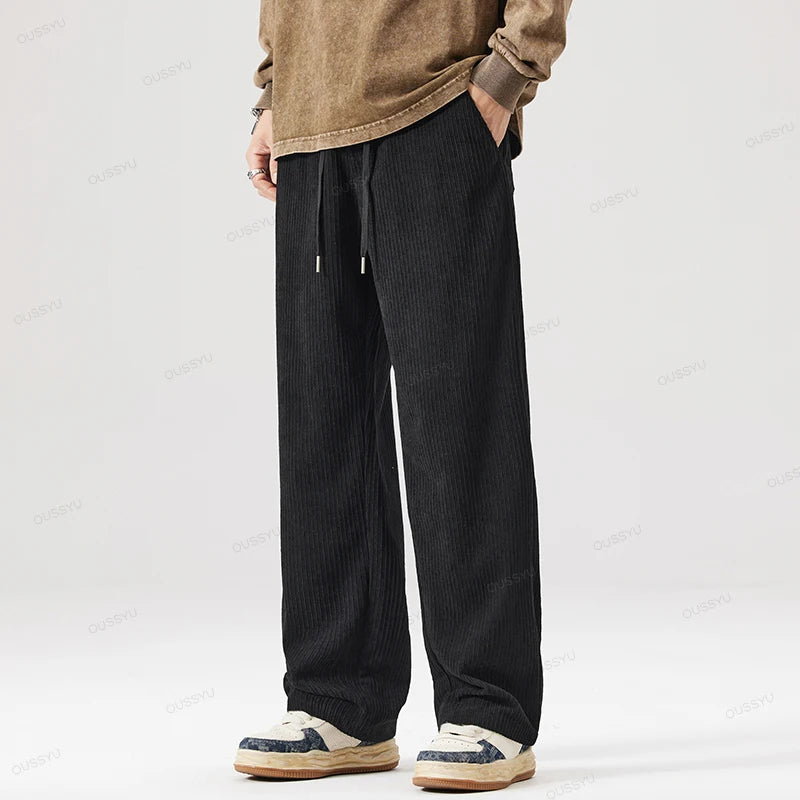 OUSSYU Brand Autumn Winter Men's Stripe Corduroy Pants Elastic Waist Drawstring Straight Thick Outdoors Loose Casual Trousers.