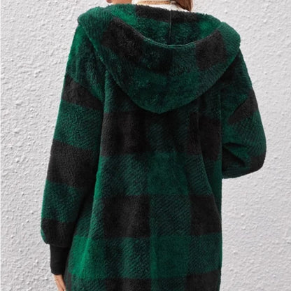 Frauen Herbst Winter Doppel Fleece Plaid Strickjacke Weiche Lose Lange Hülse Plüsch Warme Mit Kapuze Jacke Weibliche Patchwork Oberbekleidung Mantel