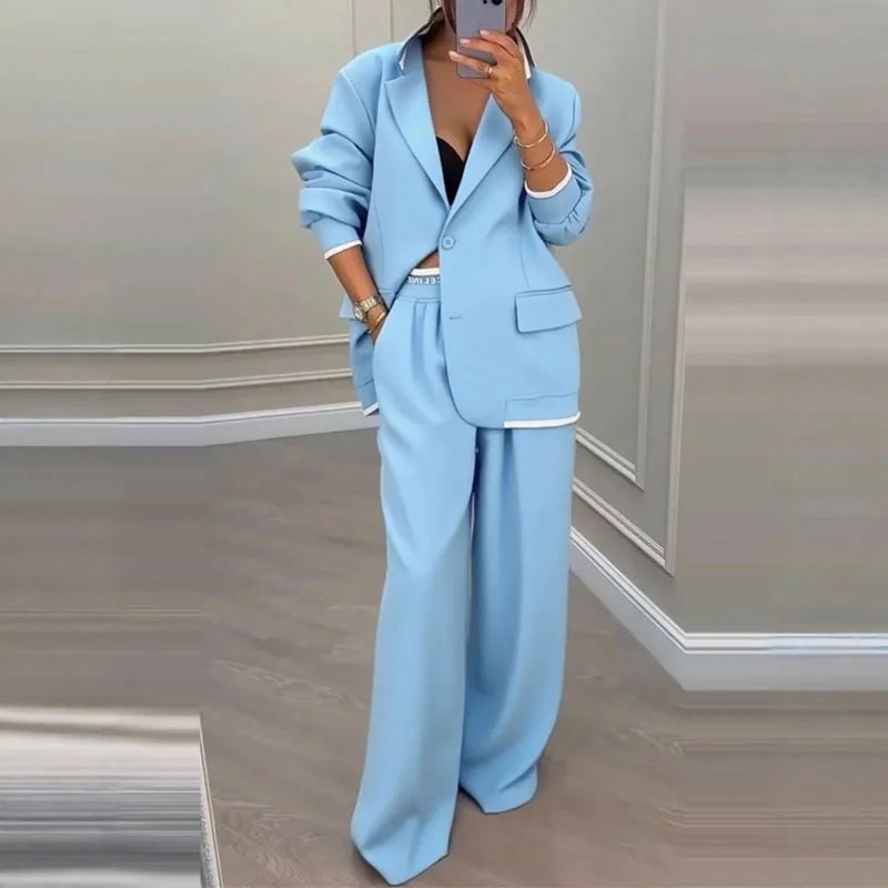 Autumn Single Button Lapel Top Blazer And Pant Suit Sets Woman Elegant Solid Two Piece Outfits Winter Long Sleeve Commuter Suits.
