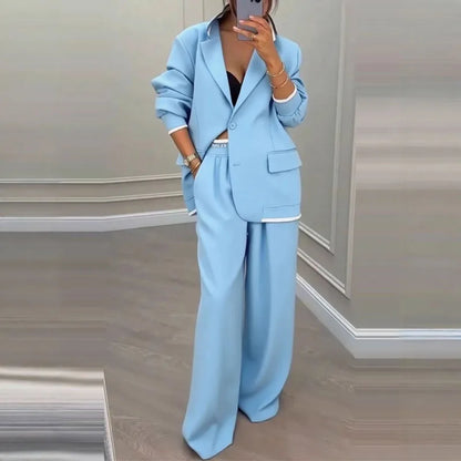 Autumn Single Button Lapel Top Blazer And Pant Suit Sets Woman Elegant Solid Two Piece Outfits Winter Long Sleeve Commuter Suits.