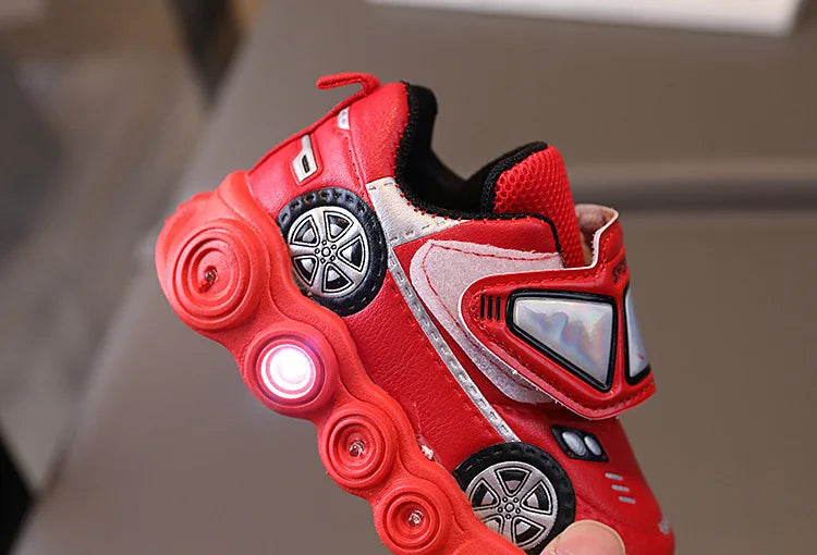 Diseny Kids'Casual Shoes Led Light Car Club Cartoon PU Leather Spring Shoes For Children Anti-slip Red Blue Shoes Size 21-30