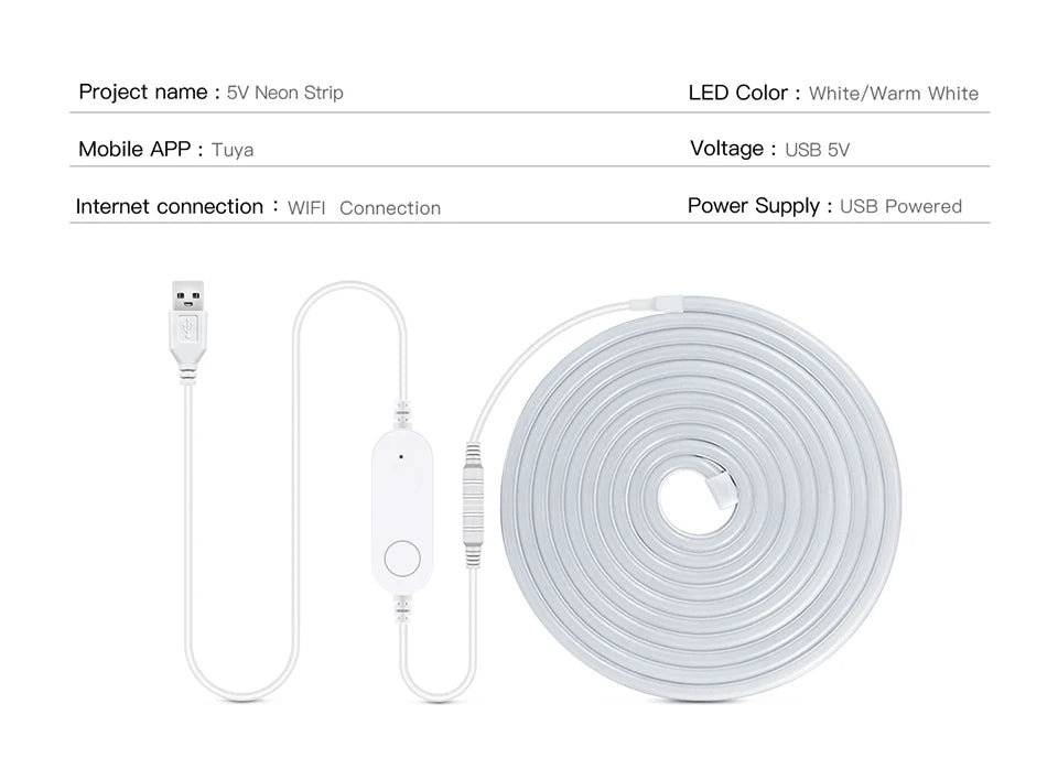 DC 5V USB Neon Light LED Strip Tuya Smart Life Wifi App Control Neon Tube Tape Garden Xmas DecorWork with Alexa,Google Home.