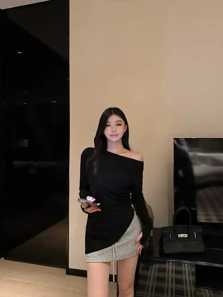 Sexy Long Sleeve T-Shirt Shoulder Bared Waist Cinched Slim Fit Knitted Cotton Solid Color Casual Urban Style for Early Autumn