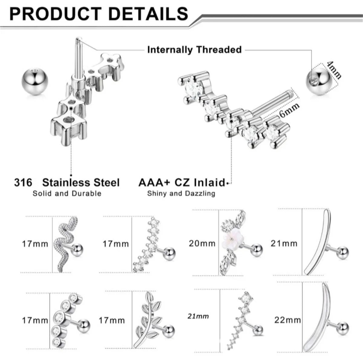 2Pcs 16G Stainless Steel Screw Back Stud Earrings for Women,Cubic Zerconia Cartilage Conch Helix Ear Piercing Jewelry.