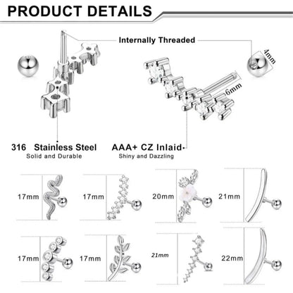 2Pcs 16G Stainless Steel Screw Back Stud Earrings for Women,Cubic Zerconia Cartilage Conch Helix Ear Piercing Jewelry.