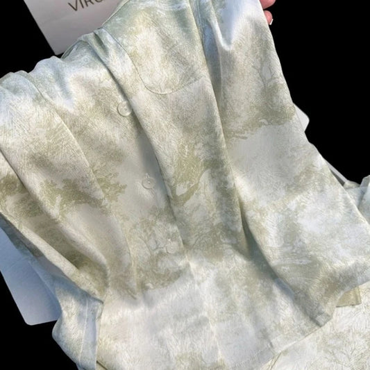 New Ice Silk Women Pajama Lapel Button Cardigan Outfits for Women 2 Piece Set Fashion Printing Set Clothes for Women.