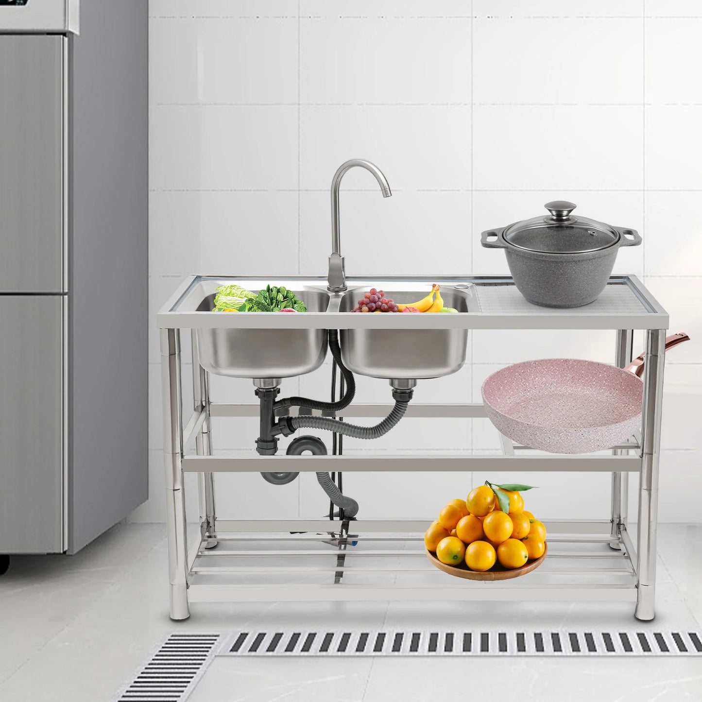 Dual Sink Stainless Steel Sink, Large Capacity, 360° Rotating Faucet, Raised Edges, Layered Filtration for Kitchens