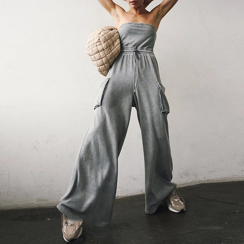 Stylish New Backless Sleeveless Commute Playsuits Women Tube Top Wide Leg Drawstring Rompers Elegant Solid Color Pocket Jumpsuit.