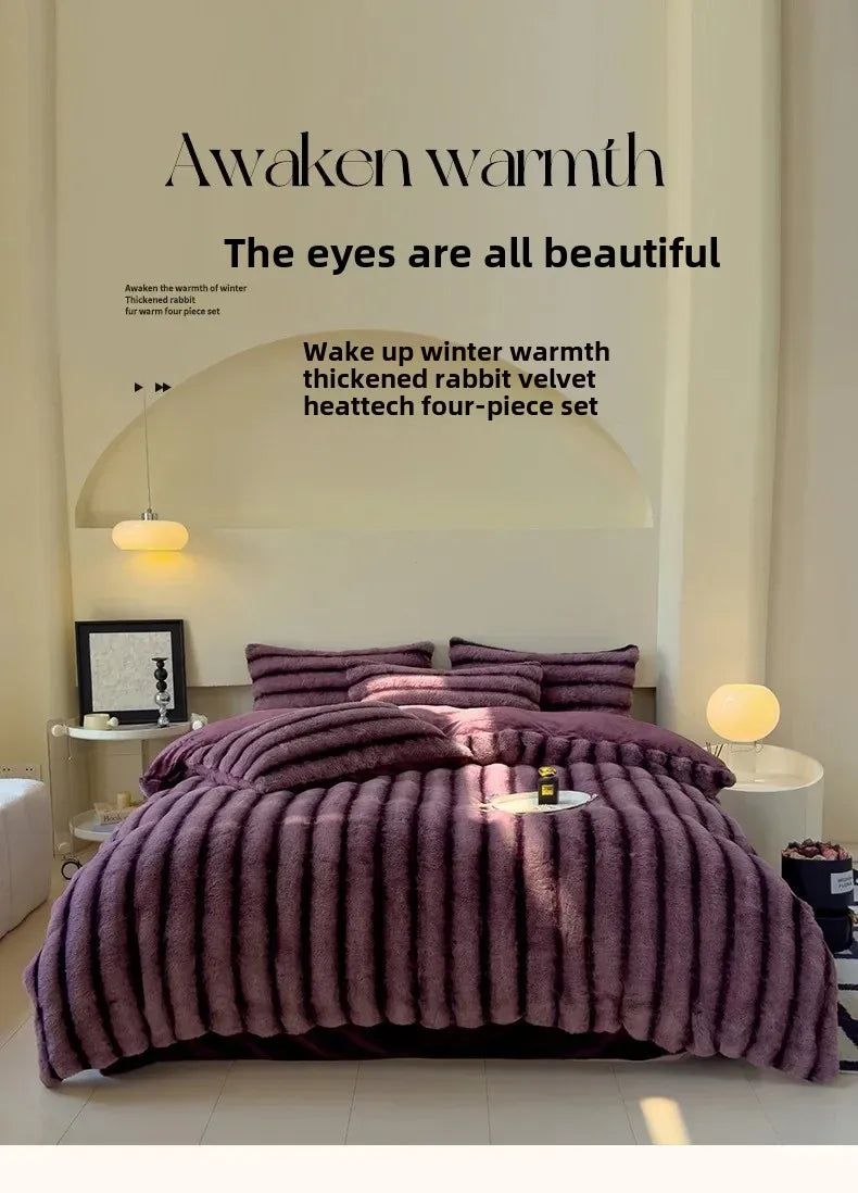 2024 new rabbit velvet milk velvet thickened rabbit fur warm four-piece set, 1.5m 1.8m bed sheet four-piece set.