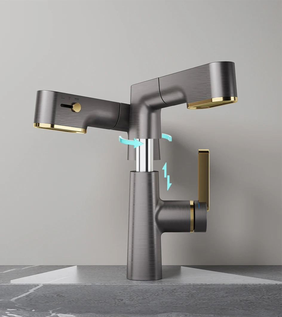 VGX Multifunctional Bathroom Faucets Pull Out Basin Mixer Sink Faucet Gourmet LED Display Tap 360° Tapware Crane Brass Chrome