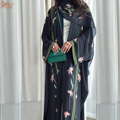 Uni Islamic Clothing Modest Abaya Women Muslim Dress Front Open Printed Abaya 2025 With Hijab Scarf Two Piece Set for Summer.