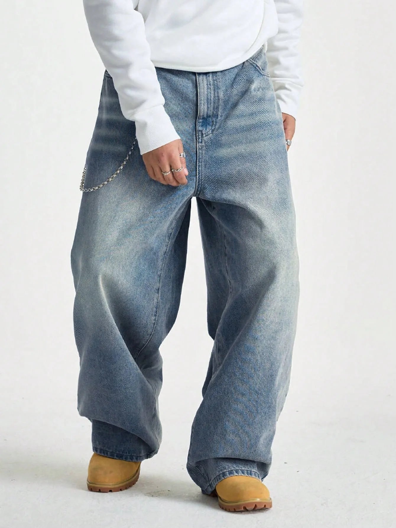 1Pc Men's Wide Pants Brushed Jeans Wide Jeans Y2K New Rocks Jeans Buggy Black Hip-Hop Pants.