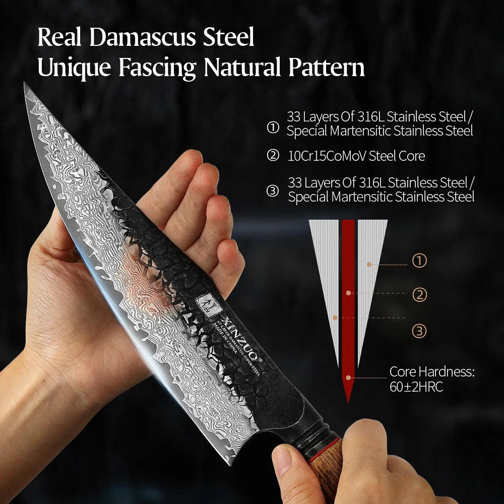 XINZUO 1-5PCS Damascus Steel Kitchen Knife 10Cr15CoMov Steel Core Chopping Vegetables And Fruits Household Kitchen Knife.