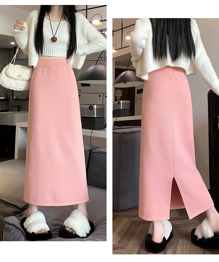 2025 New Thick Knit Midi Skirt High Waisted Straight Hem Bodycon Pencil Skirts for Petite Women Cozy Fall Winter Fashion