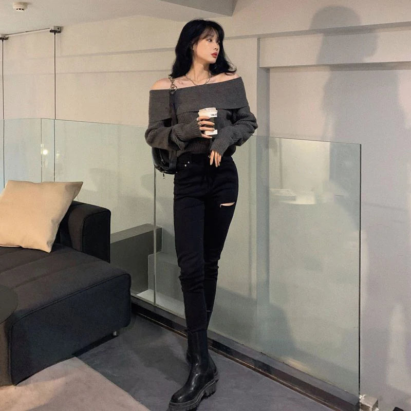 Lucyever Slash Neck Strick pullover Frauen sexy schulter freie Langarm pullover weibliche koreanische elegante verdicken schlanke Pullover Top