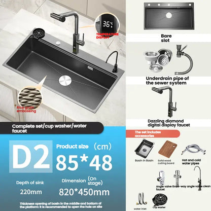 Stainless Steels Kitchen Sink Household Wash Dish and Wash Vegetables Basin Large Single Slot Multifunctional Dishwashing Bowl