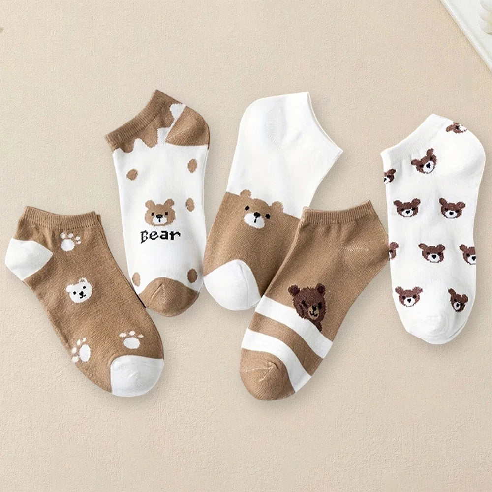 5 Pairs Women Cartoon Patterned Socks Trendy Versatile Breathable Sweat Wicking Deodorizing Antibacterial Comfortable Socks.