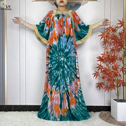 New Muslim Dress Woman Short Sleeve Dashiki African Abaya Tie-dyed Printing Cotton Loose Femme Robe Islamic Dresses With Scarf