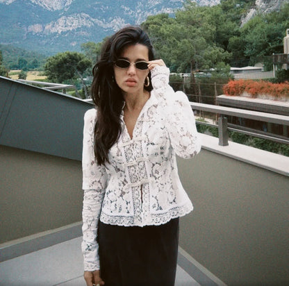 Tuularose Luxury Lace Blouse Fashion Lace Print Single Breasted Slim Shirt Vintage Elegant Party Looks Summer Women Blouse Tops