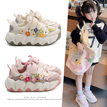 Girls Flowers Sports Shoes Children Princess Embroidered Running Shoes Air Mesh Girls Casual Sneakers Summer 2025 New