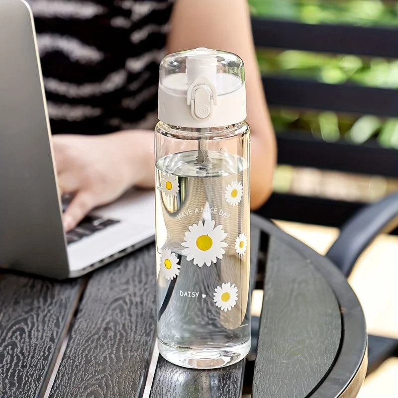 Lightweight Plastic Water Bottle with Daisy Design and Leak Proof Lid - Suitable for Office, Home, Gym, Travel - Reusable Cup.